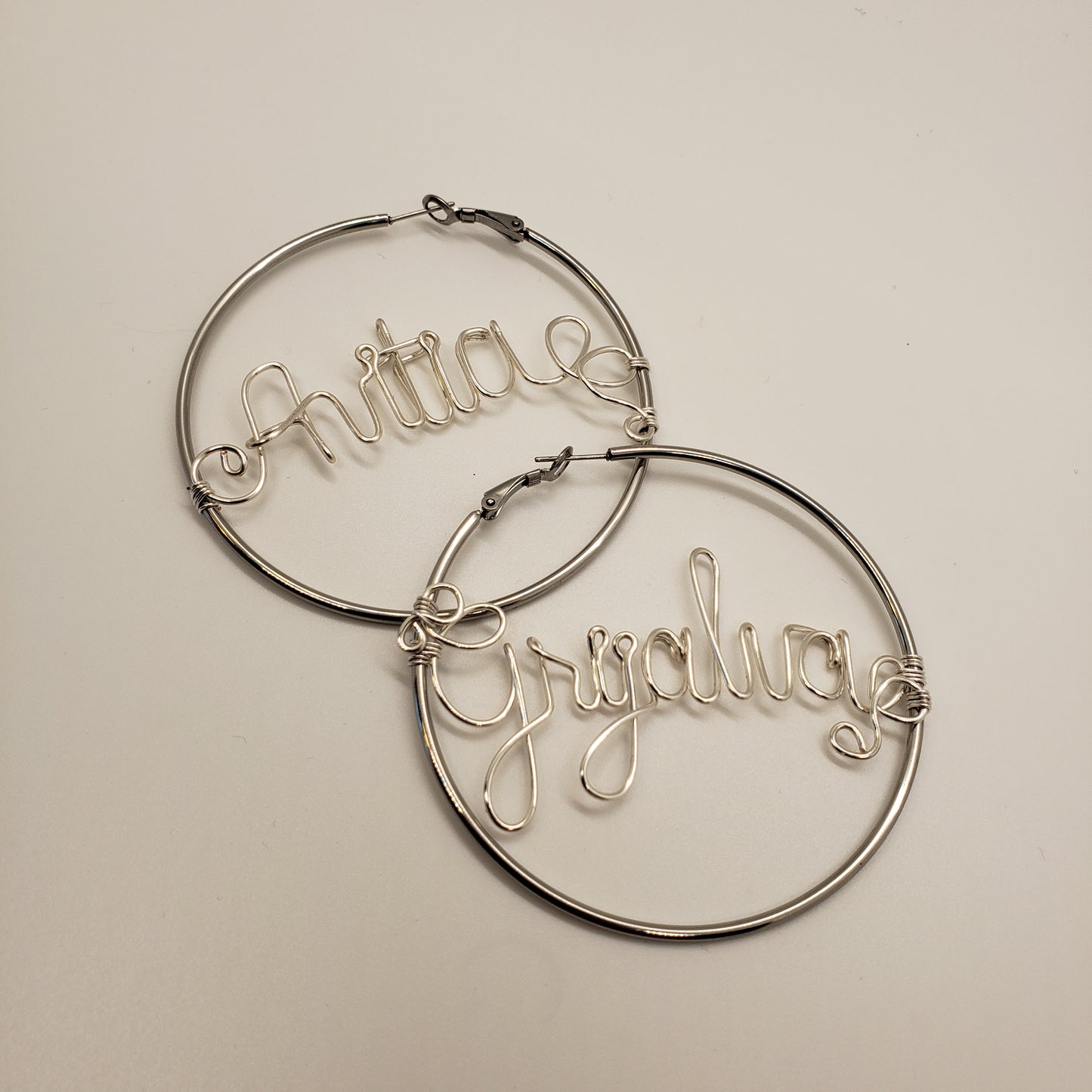 Wire name hoop earrings